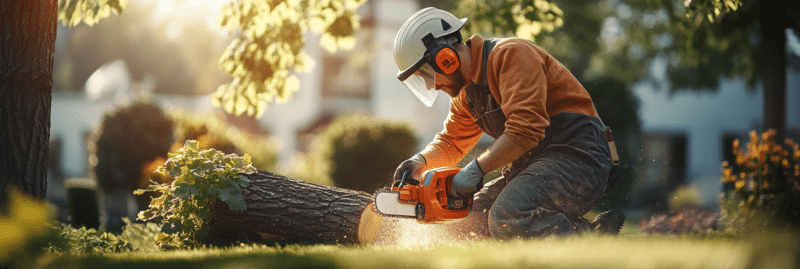 Jardinier coupant un arbre avec une tronçonneuse en pleine action.