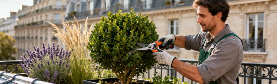 Jardinier professionnel entretenant jardin urbain parisien, balcon immeuble haussmannien