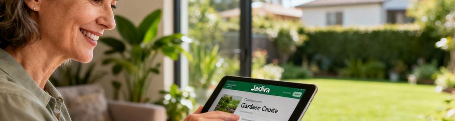 Propriétaire consultant devis jardiniers en ligne sur tablette, plateforme Jardiva