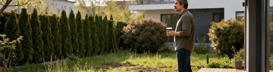 Propriétaire observant son jardin résidentiel, réflexion sur entretien professionnel nécessaire