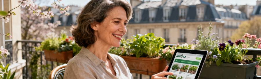 Propriétaire consultant devis jardiniers sur tablette, balcon parisien fleuri