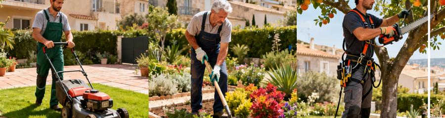 Triptyque services jardinage Marseille : tonte pelouse, création massif, élagage arbre professionnel