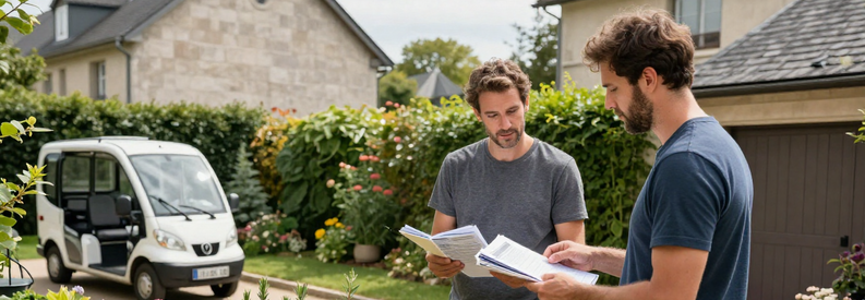Jardinier présentant estimation travaux à propriétaire dans jardin résidentiel Boulogne-Billancourt