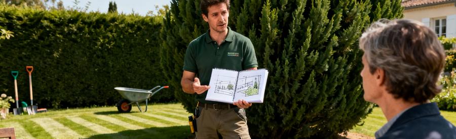 Jardinier professionnel présentant plan entretien à propriétaire lors consultation dans jardin résidentiel