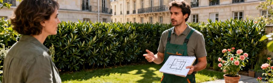 Consultation Jardinier Espace Vert Paris Jardinier professionnel consultant propriétaire dans jardin urbain parisien, échange authentique et conseil personnalisé
