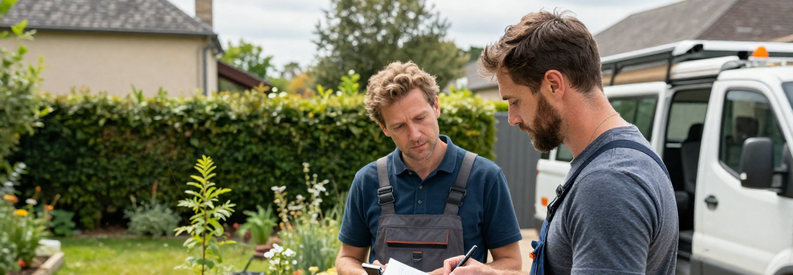 Consultation Jardinier Hauts De Seine 92 Jardinier présentant estimation travaux à propriétaire dans jardin pavillonnaire Hauts-de-Seine