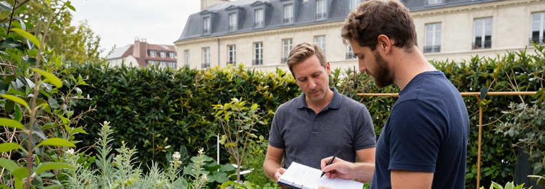 Jardinier présentant estimation manuscrite à propriétaire dans jardin urbain parisien du 10ème arrondissement