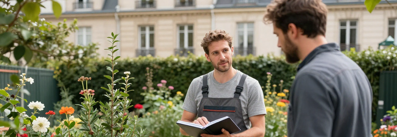 Consultation Jardinier Paris 14eme Client Jardinier présentant estimation travaux à client dans jardin parisien du 14ème arrondissement