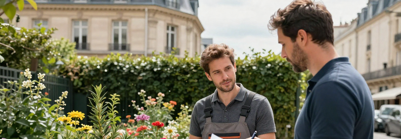 Consultation Jardinier Paris 15eme Jardin Urbain Jardinier professionnel présentant estimation à propriétaire dans jardin parisien du 15ème arrondissement