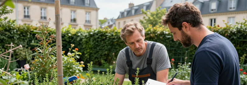 Jardinier présentant estimation travaux à propriétaire dans jardin parisien du 18ème arrondissement