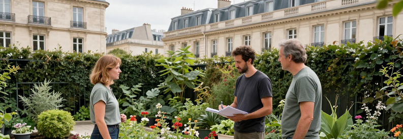 Jardinier présentant estimation travaux à cliente dans jardin urbain parisien du 19ème arrondissement