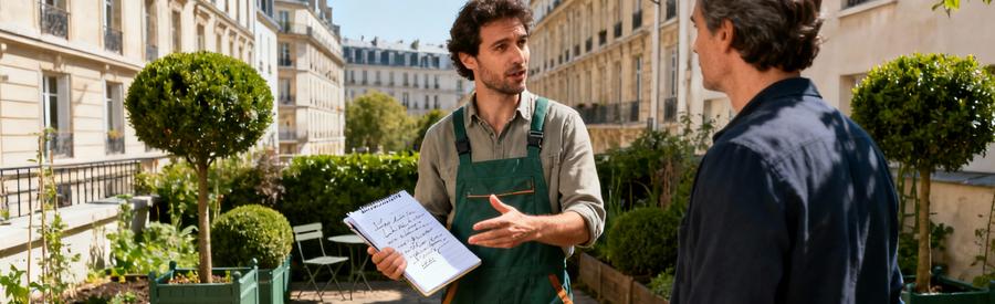 Consultation Jardinier Paris 1er Arrondissement Jardinier professionnel présentant estimation travaux à propriétaire dans jardin urbain Paris 1er arrondissement