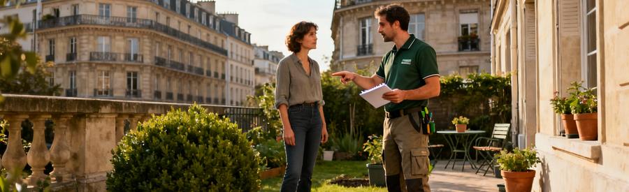 Jardinier professionnel consultant client dans jardin urbain parisien 2ème arrondissement