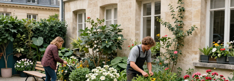Entretien Cour Interieure Marais Paris 3 Jardiniers professionnels entretenant cour intérieure typique du Marais avec végétation urbaine dense