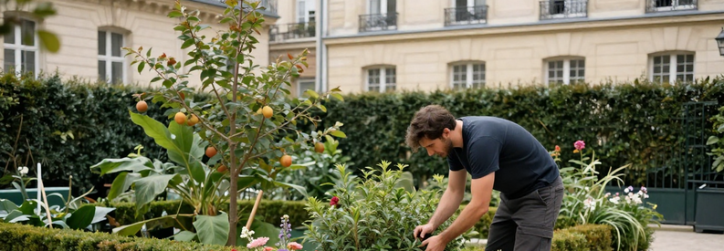 Entretien Jardin Copropriete Paris 4eme Professionnel entretenant jardin copropriété dans cour intérieure typique arrondissement parisien historique