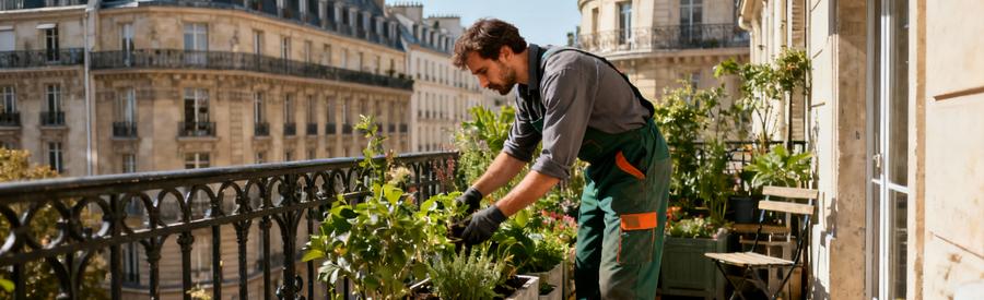 Entretien Terrasse Balcon Paris 2eme Jardinier entretenant terrasse végétalisée sur balcon haussmannien dans le 2ème arrondissement de Paris