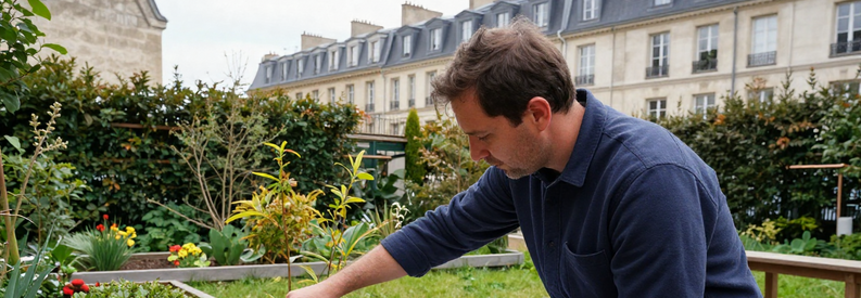Jardinier Consultation Client Jardin Paris 5eme Jardinier présentant estimation travaux à propriétaire dans jardin urbain parisien du 5ème arrondissement