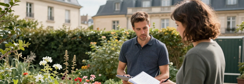 Jardinier présentant estimation travaux entretien à cliente dans jardin parisien 7ème arrondissement