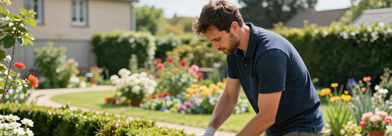 Jardinier Entretien Haie Pavillon 93 Jardinier taillant haie dans jardin pavillonnaire Seine-Saint-Denis avec pelouse entretenue en arrière-plan