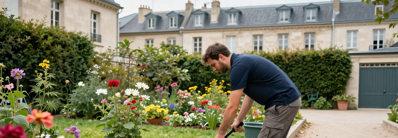 Jardinier Entretien Jardin Paris 16eme Professionnel entretenant jardin résidentiel typique du 16ème arrondissement parisien avec immeubles en fond
