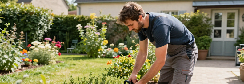Jardinier Entretien Jardin Urbain Boulogne Professionnel jardinier entretenant petit jardin urbain typique Boulogne-Billancourt avec taille-haie électrique