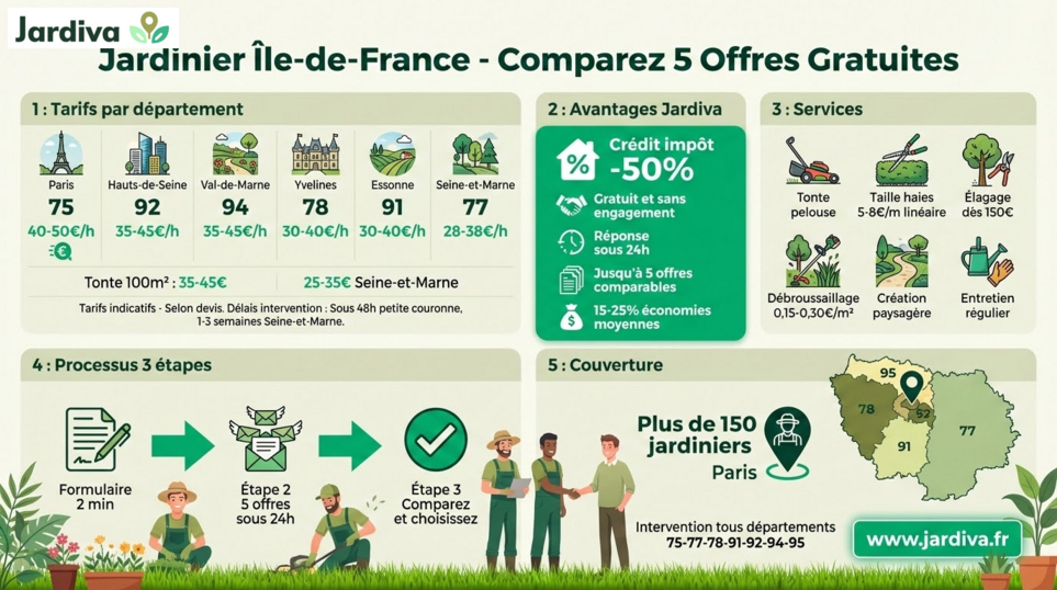 Jardinier Île-de-France – Tarifs par Département et Services Tarifs jardiniers Île-de-France par département : 28-50€/h selon zone, services tonte taille élagage, crédit impôt 50%