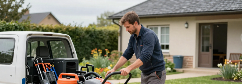 Jardinier Materiel Intervention Saint Denis Jardinier professionnel déchargeant équipement complet devant maison à Saint-Denis avant intervention entretien