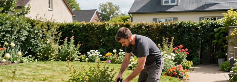 Jardinier Professionnel Entretien Jardin Nanterre Jardinier réalisant taille arbuste dans jardin résidentiel typique de Nanterre en banlieue parisienne