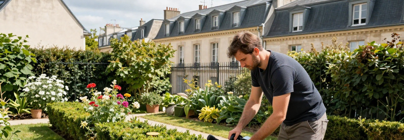 Jardinier Professionnel Entretien Jardin Paris 13 Jardinier professionnel entretenant jardin résidentiel dans le 13ème arrondissement de Paris avec immeubles