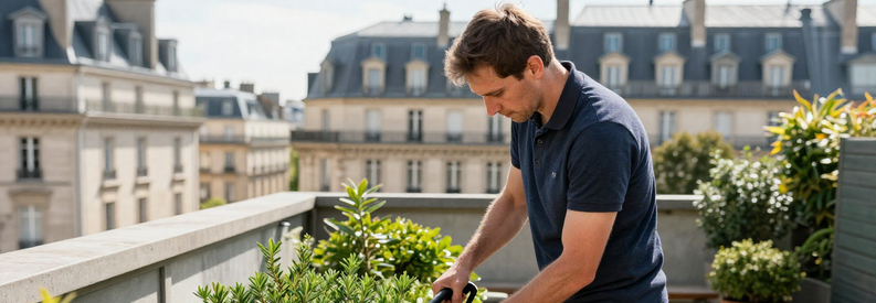 Jardinier professionnel taillant haie dans jardin résidentiel parisien du 9ème arrondissement