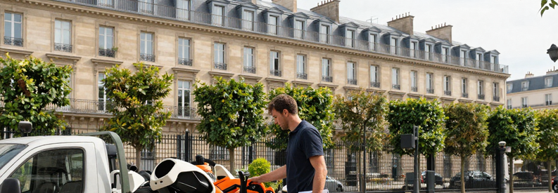Jardinier déchargeant équipement devant immeuble haussmannien dans le 8ème arrondissement de Paris