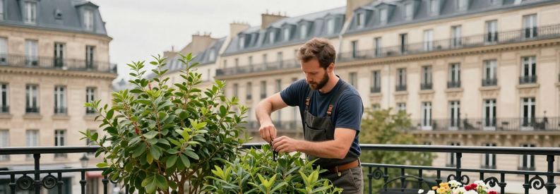Jardinier Terrasse Paris 6eme Immeuble Haussmannien Professionnel entretenant terrasse fleurie immeuble haussmannien Paris avec arbustes en pots et jardinières