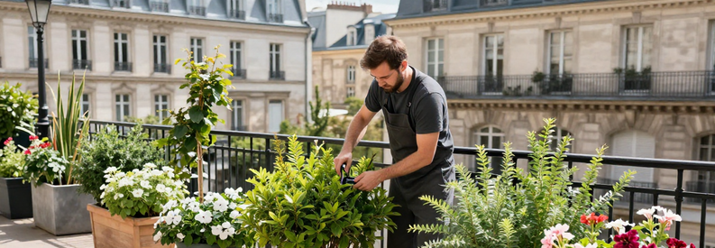 Jardinier Terrasse Paris 9eme Entretien Urbain Professionnel entretenant terrasse végétalisée avec arbustes en bacs, façades parisiennes arrière-plan 9ème