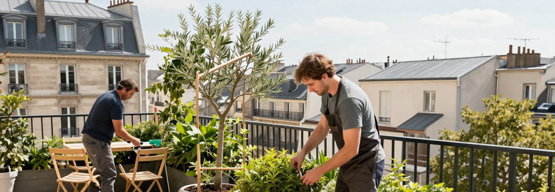 Jardinier Terrasse Vegetalisee Paris 11eme Professionnel entretenant terrasse végétalisée avec vue sur immeubles parisiens du 11ème arrondissement
