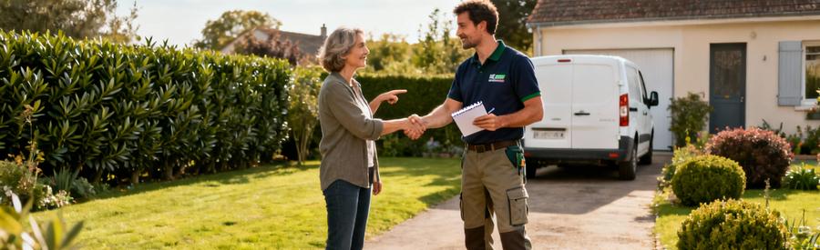 Premiere Rencontre Jardinier Proprietaire Jardin Jardinier professionnel rencontrant propriétaire devant maison pour évaluer besoins entretien jardin résidentiel
