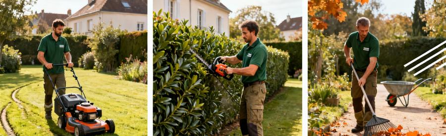 Prestations Entretien Jardin Regulier Jardiniers professionnels réalisant tonte pelouse, taille haie et ramassage feuilles dans jardins résidentiels