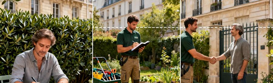 Processus Jardiva Etapes Jardinier Paris Trois étapes du processus Jardiva : formulaire client, consultation jardinier, accord intervention à Paris