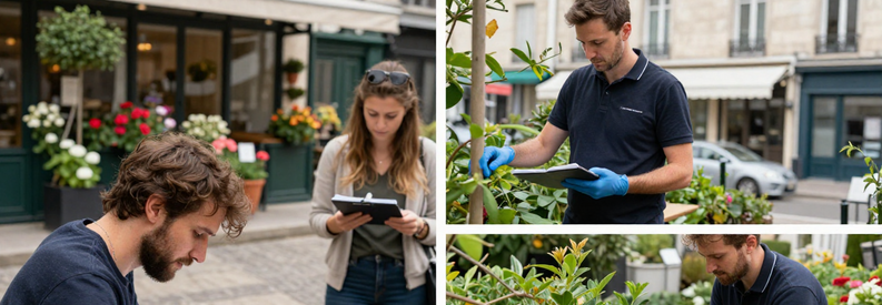 Processus Selection Jardinier Paris 6eme Étapes sélection jardinier Paris 6ème : client notant besoins, échange professionnel, intervention terrasse