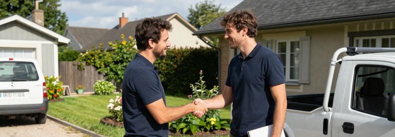 Jardinier professionnel rencontrant client dans jardin résidentiel Saint-Denis pour estimation travaux entretien