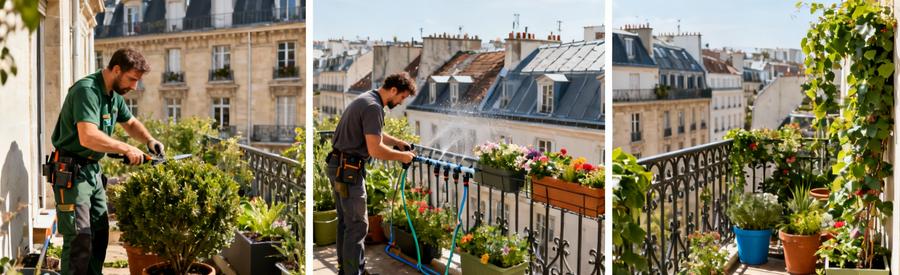 Tarifs Entretien Terrasse Balcon Paris Centre Jardinier professionnel entretenant terrasse et balcon végétalisés dans immeuble parisien du centre historique