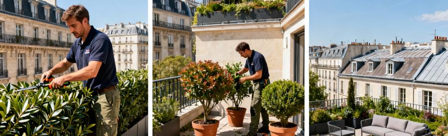 Tarifs Entretien Terrasse Paris 2eme Professionnel jardinier réalisant différentes prestations d'entretien sur terrasse parisienne du 2ème arrondissement