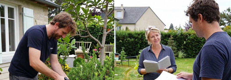 Tarifs Jardinier Hauts De Seine Comparaison Jardinier professionnel Hauts-de-Seine au travail : taille, tonte et présentation estimation client dans jardin résidentiel