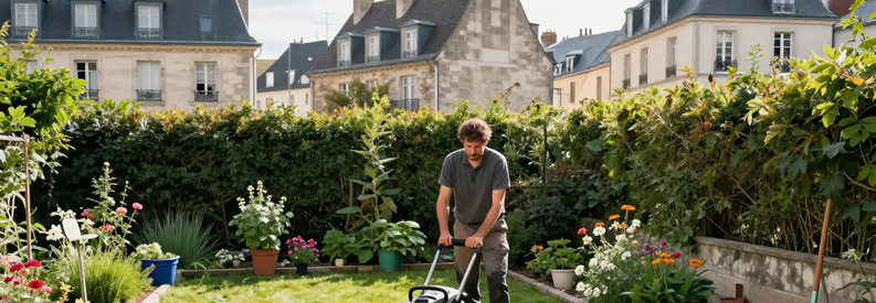 Tonte Pelouse Jardin Parisien 13eme Professionnel effectuant tonte pelouse dans petit jardin urbain du 13ème arrondissement parisien avec immeubles