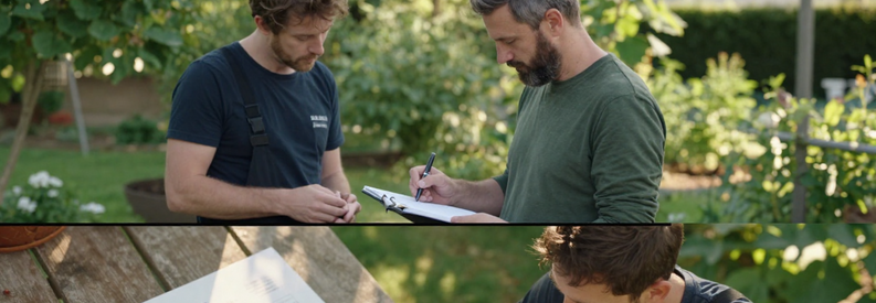 Cesu Credit Impot Jardinier Loire Jardinier expliquant facture et CESU à client, documents administratifs visibles, illustrant réduction coût entretien jardin Loire grâce dispositifs fiscaux.