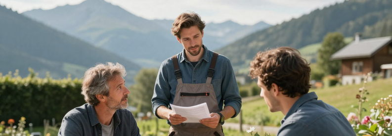 Client Description Projet Jardin Haute Savoie Client décrivant son projet jardin à un professionnel en Haute-Savoie, première étape pour recevoir des offres personnalisées.