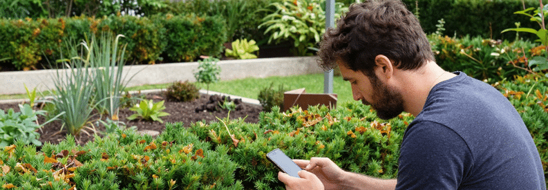 Client Formulaire Jardin Lyon 9eme Propriétaire lyonnais décrivant son projet de jardinage sur son téléphone dans son jardin résidentiel du 9ème arrondissement.