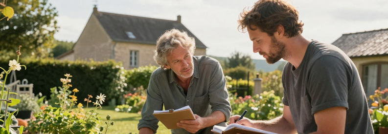 Client Jardinier Drôme Consultation Projet Client expliquant son projet de jardinage à jardinier professionnel, carnet de notes en main, dans petit jardin résidentiel drômois.