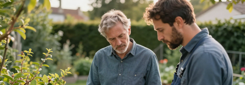 Client Jardinier Grenoble Consultation Projet Client et jardinier professionnel discutant projet d'entretien à Grenoble, carnet de consultation à la main dans le jardin.