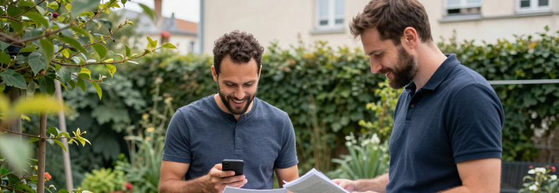 Client Rencontre Jardinier Lyon Estimation Client lyonnais en discussion avec jardinier professionnel dans son jardin, comparant offres et devis personnalisés