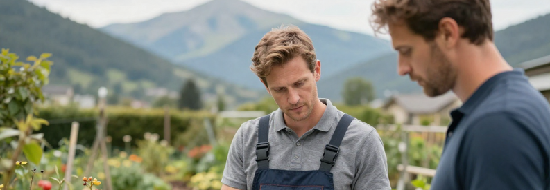 Comparaison Jardiniers Savoie Estimations Deux jardiniers présentent leurs estimations à un client dans un jardin savoyard, illustrant l'importance de comparer plusieurs professionnels.